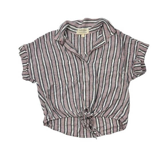 Anthropologie Cloth & Stone Striped Linen Blend Tie Front Top - Picture 1 of 5